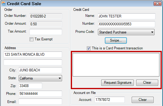 The Request Signature area of the Credit Card Sale window.